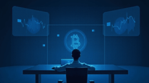 Analista frente a pantallas con datos de Bitcoin y liquidaciones on-chain automatizadas por Chainlink para Polymarket