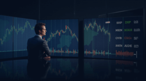 Analista en estudio moderno con pantallas de SPX, DXY y tickers de cripto (BTC, ETH, XRP, BNB, SOL, DOGE, ADA, LINK).