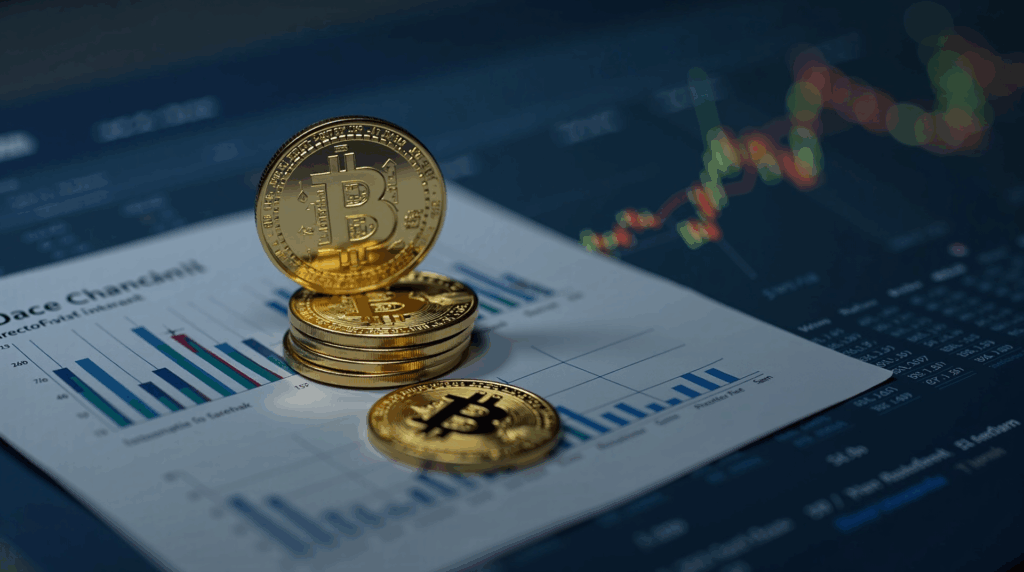 Moneda Dogecoin sobre gráfico alcista, junto a un documento regulatorio y una mesa de trading moderna.