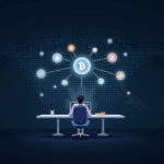Analista cripto frente a gráfico de precios iluminado, BTC en el centro con ETH, XRP y SOL rodeándolo.