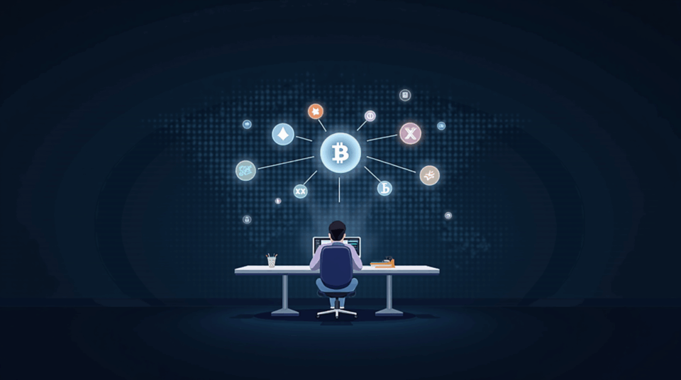 Analista cripto frente a gráfico de precios iluminado, BTC en el centro con ETH, XRP y SOL rodeándolo.