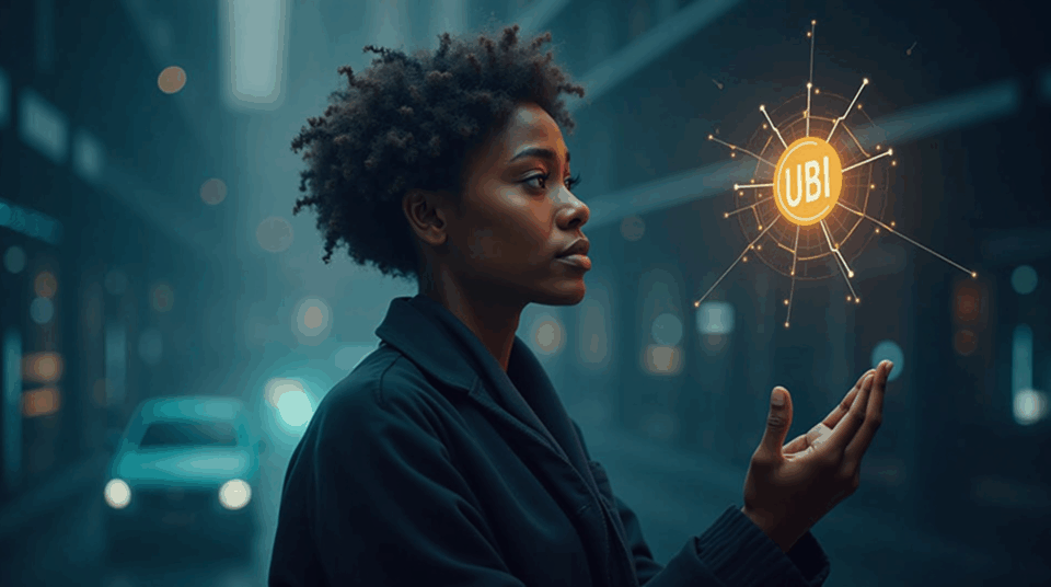 Retrato central realista de trabajador diverso en ciudad futurista, líneas de IA y un ícono de renta básica universal circulando.