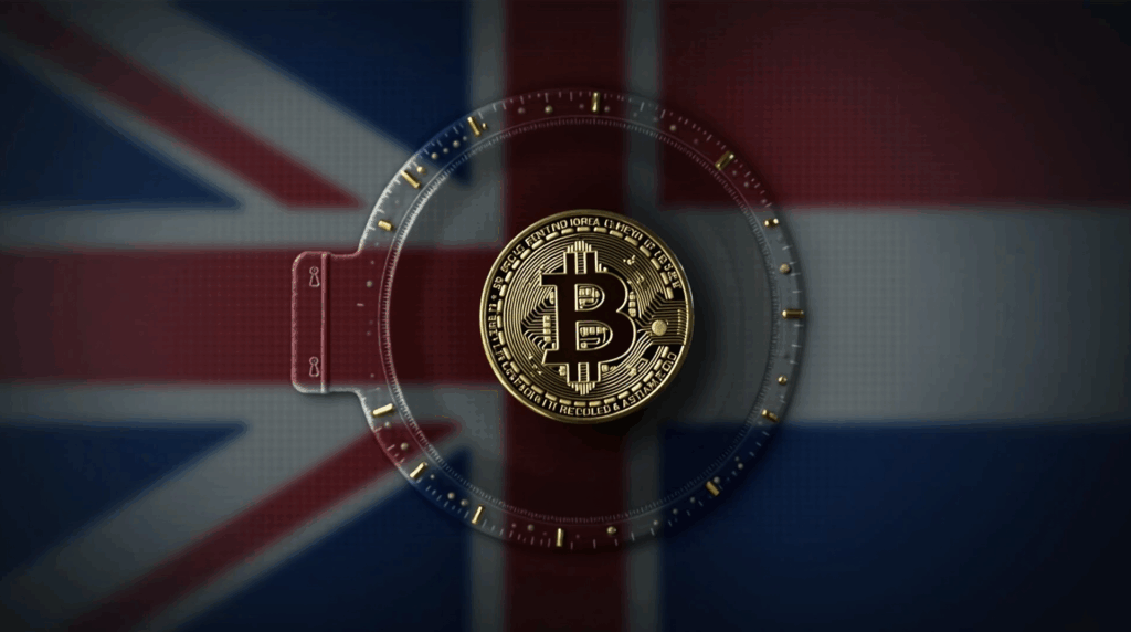 Encabezado realista: puerta de bóveda, Bitcoin, banderas Reino Unido y NL reflejadas, iconos sociales y fondo regulatorio.