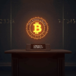 Sala parlamentaria futurista con símbolo de Bitcoin luminoso como reserva estratégica y ticker 200k/230k