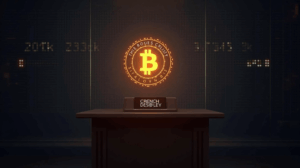 Sala parlamentaria futurista con símbolo de Bitcoin luminoso como reserva estratégica y ticker 200k/230k