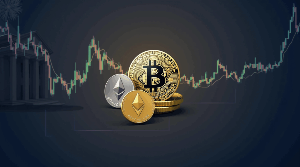Encabezado fotorealista cripto: Bitcoin y Ethereum en el centro, gráficos alcistas y la Fed al fondo.