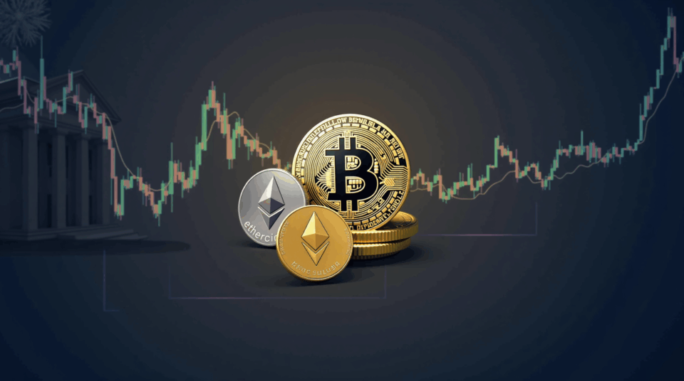 Encabezado fotorealista cripto: Bitcoin y Ethereum en el centro, gráficos alcistas y la Fed al fondo.