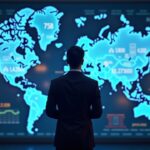 Ejecutivo fintech frente a mapa de bolsas Londres-NY con hologramas 75B/150B y capas de riesgo AML.