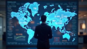 Ejecutivo fintech frente a mapa de bolsas Londres-NY con hologramas 75B/150B y capas de riesgo AML.