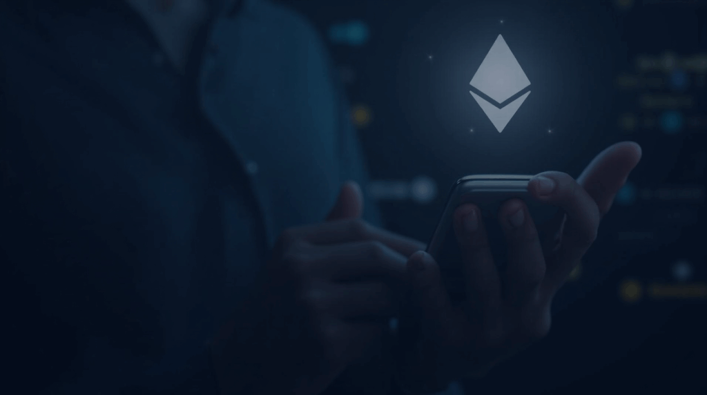 Usuario frente a una billetera Ethereum con brillo del token RNBW en un dashboard, fondo urbano de blockchain