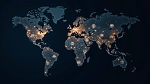 Retrato fotorrealista de analista fintech frente a mapa mundial de predicción con ícono de Robinhood y sellos regulatorios.