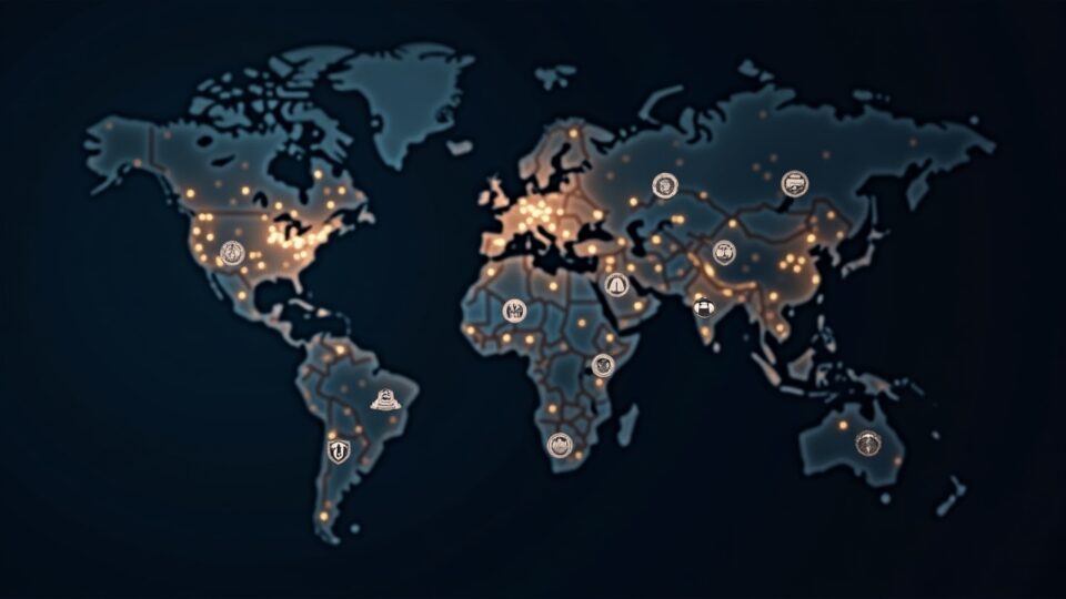 Retrato fotorrealista de analista fintech frente a mapa mundial de predicción con ícono de Robinhood y sellos regulatorios.