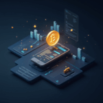 Icono de app fintech fusionándose con una moneda digital, con cotizaciones bursátiles y un documento regulatorio de fondo.