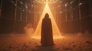 Figura central en The Sandbox: cadenas de Ethereum formando un estudio, brillo de gas SAND y fondo TOKEN2049.