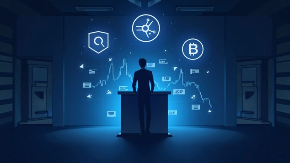 Sala de noticias: figura central ante consola, logotipos SOL, XRP y DOGE sobre gráfico de listados rápidos de la SEC.