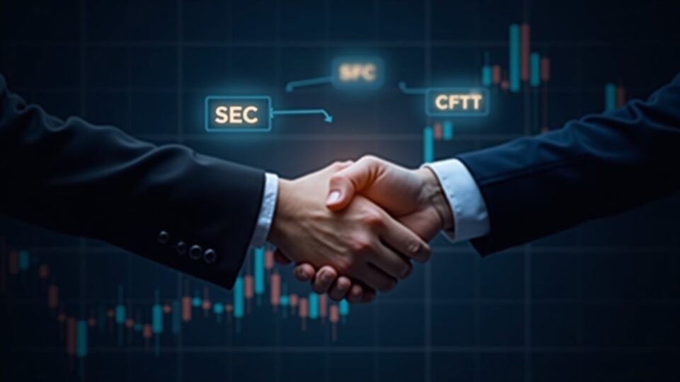 Reguladores de la SEC y CFTC se estrechan las manos sobre un gráfico cripto digital, con símbolos holográficos.