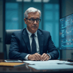 Regulador de la SEC en una oficina moderna revisa tokens digitales sobre la mesa, junto a documentos y una pantalla de cripto.