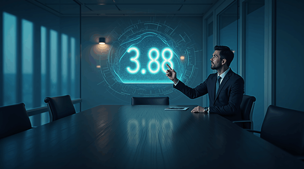 Ejecutivo en sala de juntas con tesorería de ETH en holograma y ticker de acciones mostrando $3,8 mil millones.