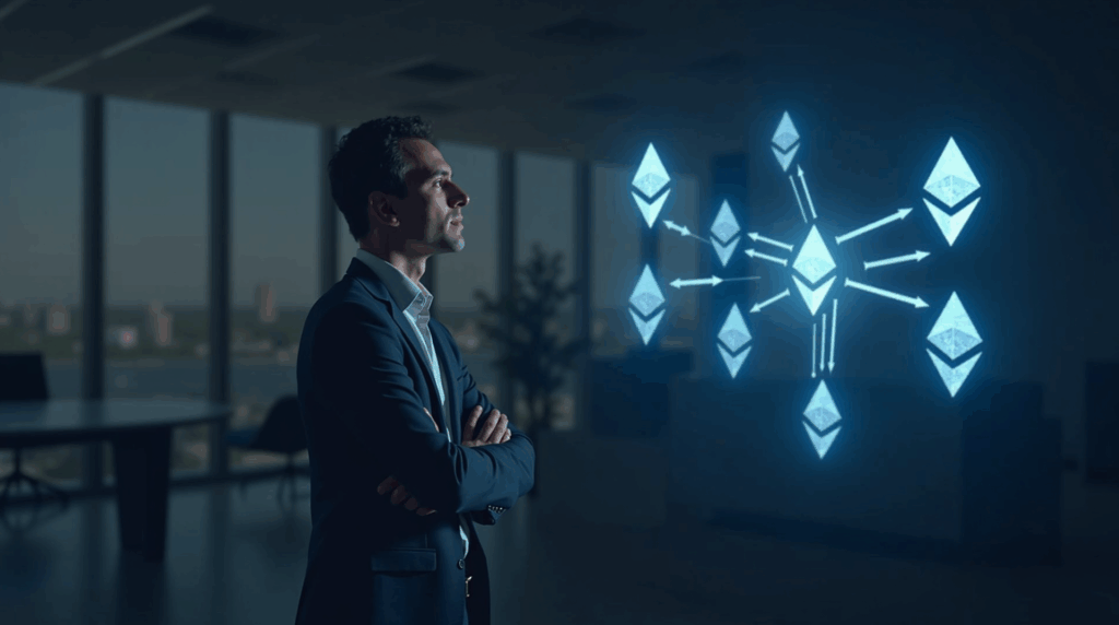 Ejecutivo en una oficina moderna, logotipos de Ethereum brillantes y un diagrama de Linea que ilustra staking institucional