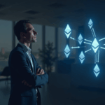 Ejecutivo en una oficina moderna, logotipos de Ethereum brillantes y un diagrama de Linea que ilustra staking institucional