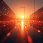 Sunrise over a futuristic data center as data blocks race toward instant finality in a web3 network.
