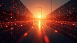 Sunrise over a futuristic data center as data blocks race toward instant finality in a web3 network.