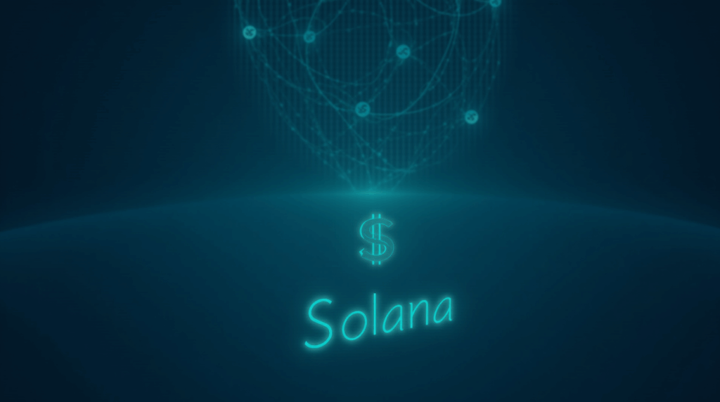 Solana desliza hacia abajo en una sala de trading, con logos de exchanges y una red de bots, iluminación azul verdosa.