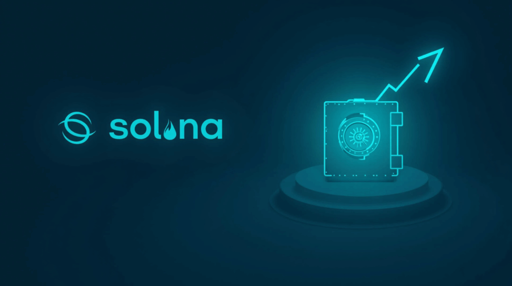 Encabezado fotorrealista: logo de Solana, bóveda digital de tesorería y tokens SOL al alza, brillo estilo NASDAQ.