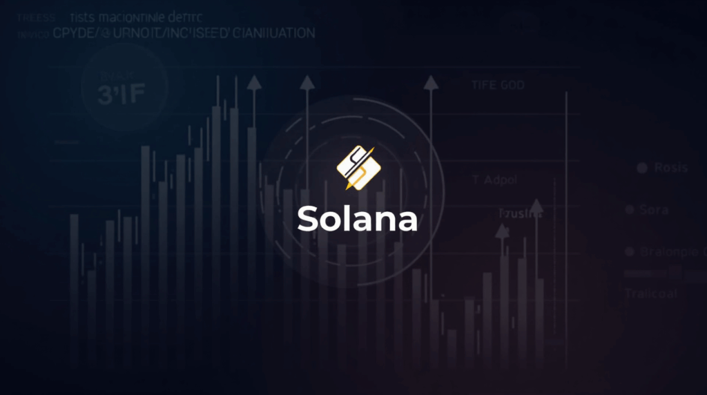 Solana logo con gráficos ascendentes y traders institucionales, señalando alto open interest y objetivo >$250 para SOL