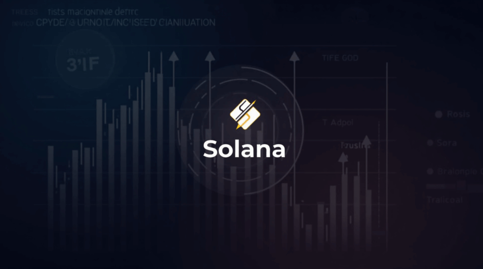 Solana logo con gráficos ascendentes y traders institucionales, señalando alto open interest y objetivo >$250 para SOL
