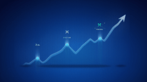 Logotipos de Solana y XRP ascendentes sobre un gráfico de capitalización cripto en un fondo azul.