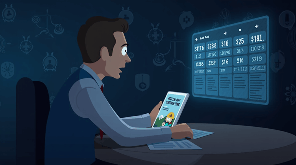 Periodista con tableta ante pronósticos de mercados de predicción; South Park con hologramas y símbolos regulatorios.