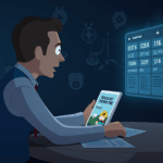 Periodista con tableta ante pronósticos de mercados de predicción; South Park con hologramas y símbolos regulatorios.
