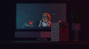 Streamer angustiado frente al ordenador, Solana drenándose en la pantalla y la caja de BlockBlasters con aviso rojo.