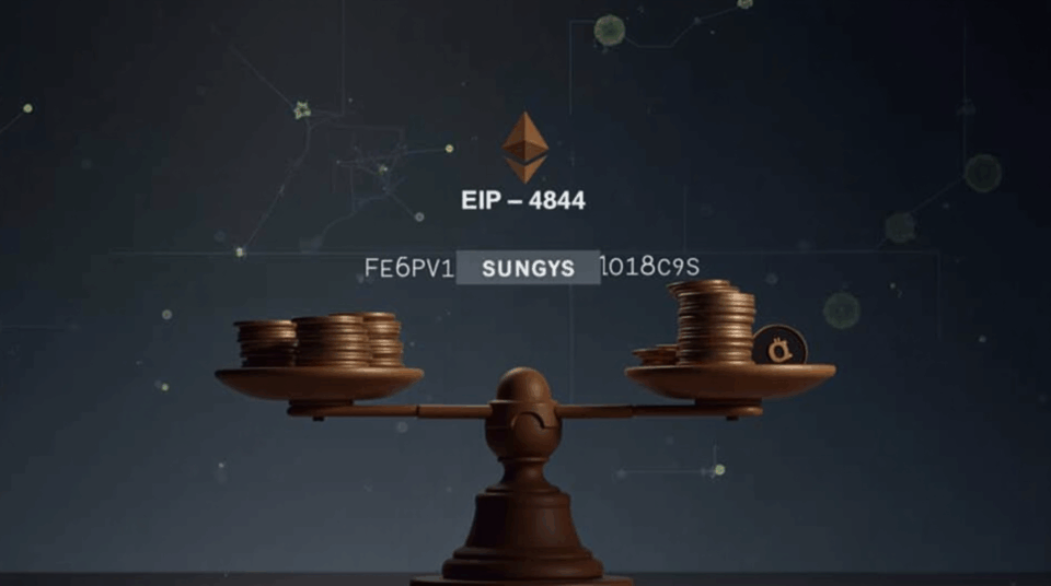 Balanza que equilibra pequeñas monedas cripto y un blob de datos marcado EIP-4844, con fondo de red Ethereum.