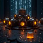 Tesorería salvadoreña con 14 bóvedas de Bitcoin (500 BTC cada una), conectadas por fragmentos brillantes y silueta cuántica.