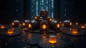 Tesorería salvadoreña con 14 bóvedas de Bitcoin (500 BTC cada una), conectadas por fragmentos brillantes y silueta cuántica.