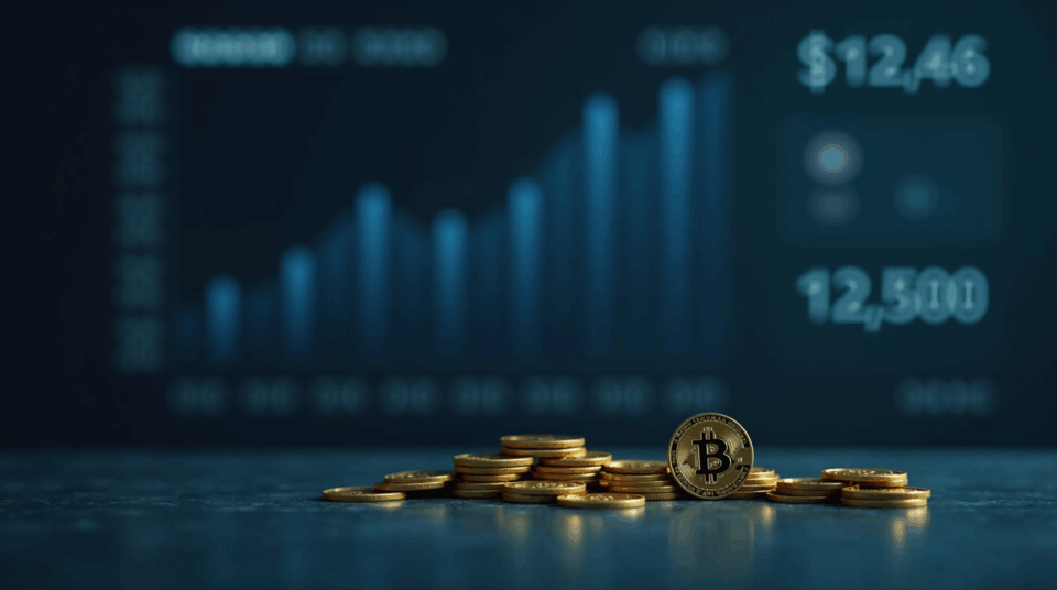 Ejecutivo de tesorería corporativa ante un escritorio de vidrio con monedas de Bitcoin y un gráfico ascendente, fondo con ticker del S&P 500.