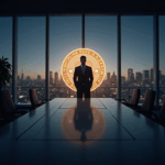Sala de juntas corporativa con balance holográfico de BTC, silueta de regulador y horizonte de cristal en un encabezado cripto