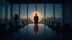 Sala de juntas corporativa con balance holográfico de BTC, silueta de regulador y horizonte de cristal en un encabezado cripto