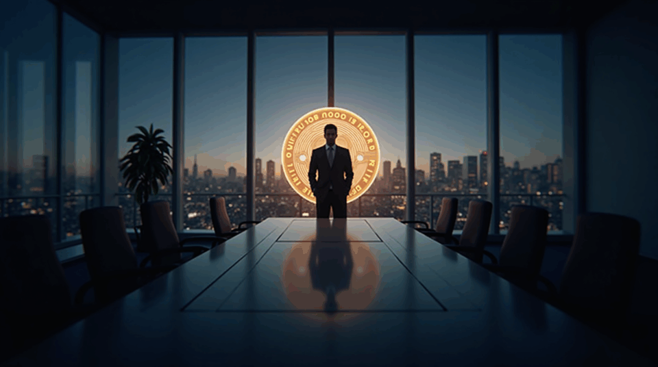 Sala de juntas corporativa con balance holográfico de BTC, silueta de regulador y horizonte de cristal en un encabezado cripto