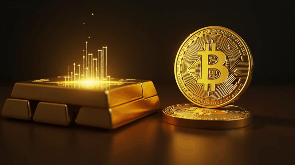 Header fotorrealista: barras de oro junto a una Bitcoin resplandeciente, bandera de El Salvador y holograma de libro mayor.