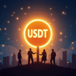 USDT central brilla con siluetas de inversores SoftBank y Ark, horizonte de ciudad y balanzas regulatorias al fondo.