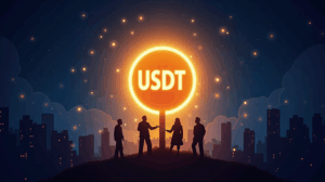 USDT central brilla con siluetas de inversores SoftBank y Ark, horizonte de ciudad y balanzas regulatorias al fondo.