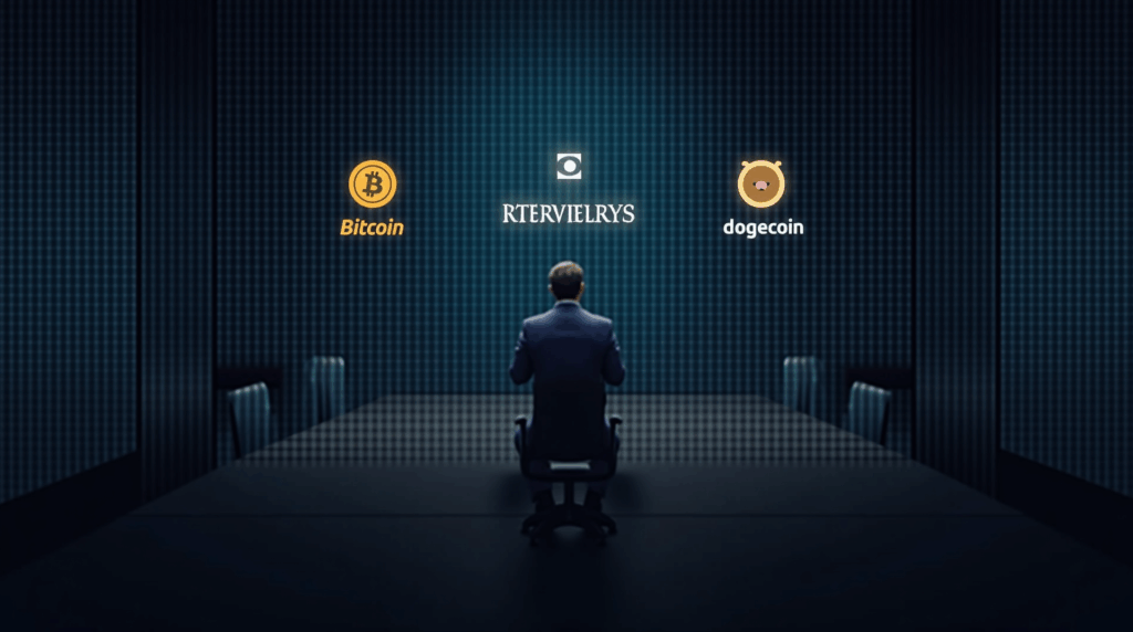 Sala de juntas con pared digital de BTC y Dogecoin, ticker de recompra y figura delineando estrategia de tesoreria cripto.