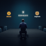 Sala de juntas con pared digital de BTC y Dogecoin, ticker de recompra y figura delineando estrategia de tesoreria cripto.