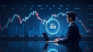 Analista en sala de noticias futurista frente a calendario holográfico que muestra desbloqueos de SUI, EIGEN y ENA para el 1 de octubre de 2025, gráficos de fondo.