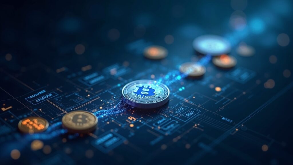 Escena fotorrealista de fondos tokenizados moviéndose desde SWIFT ISO 20022 a activos en cadena, con Chainlink y UBS