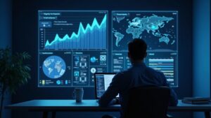 Investigador en una sala cripto revisa gráficos de tokenomics IA, actividad en GitHub y gemas ocultas.