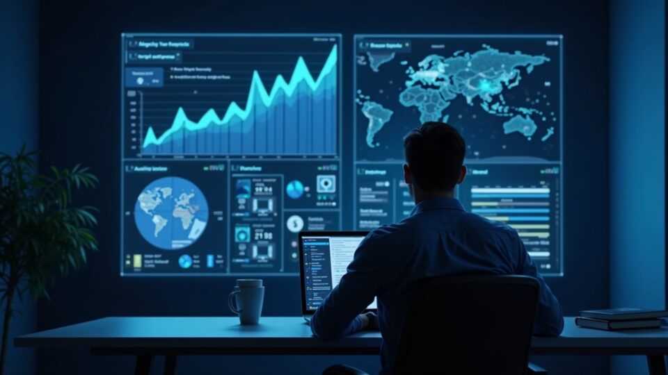 Investigador en una sala cripto revisa gráficos de tokenomics IA, actividad en GitHub y gemas ocultas.